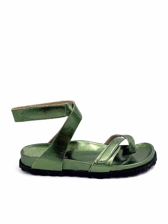 Majorca Met Leather Women's Flat Sandals in Green Color