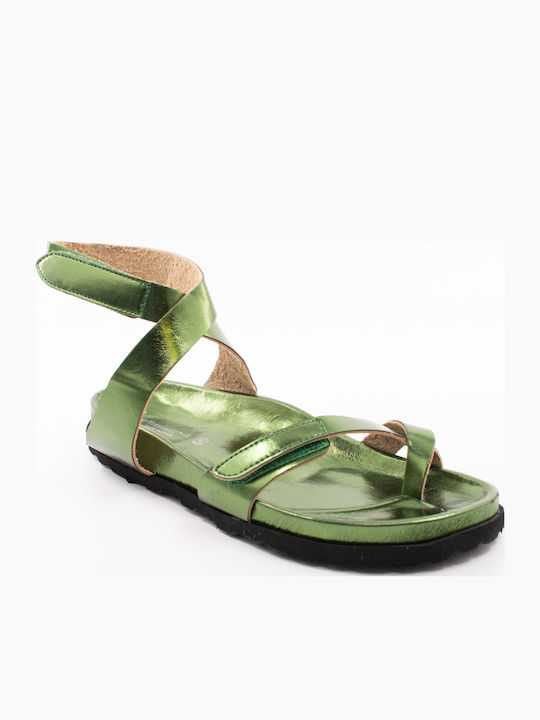 Majorca Met Leather Women's Flat Sandals in Green Color