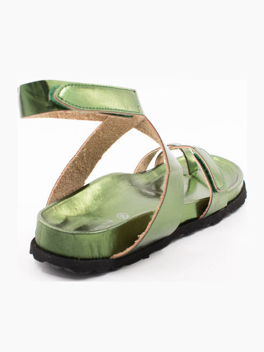 Majorca Met Leather Women's Flat Sandals in Green Color