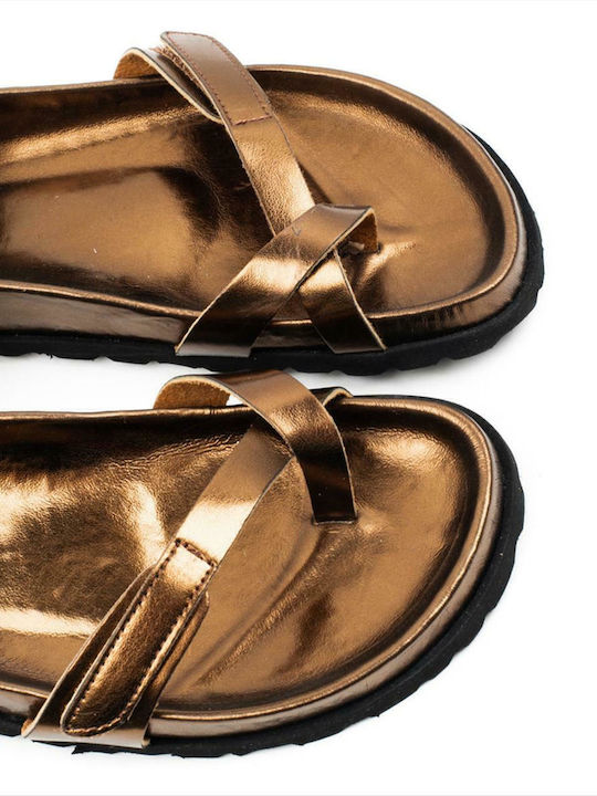Majorca Met Leather Women's Flat Sandals with Strap in Brown Color