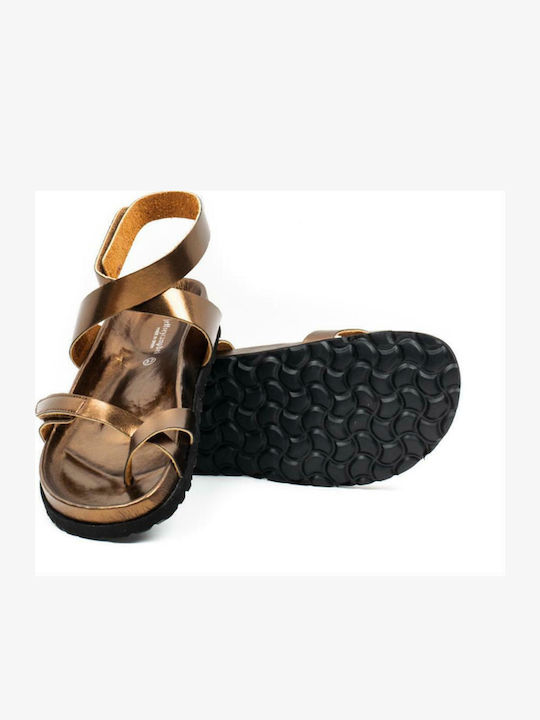 Majorca Met Leather Women's Flat Sandals with Strap in Brown Color