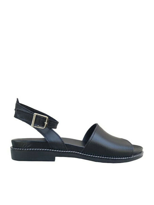 Leather Women's Flat Sandals Anatomic with Strap in Black Color