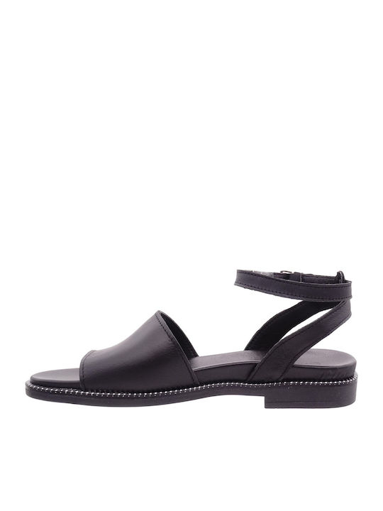 Leather Women's Flat Sandals Anatomic with Strap in Black Color