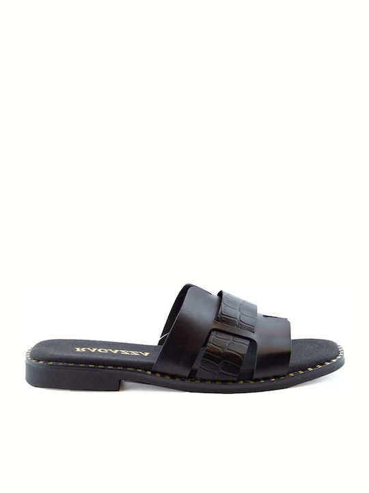 Leather Women's Flat Sandals in Black Color