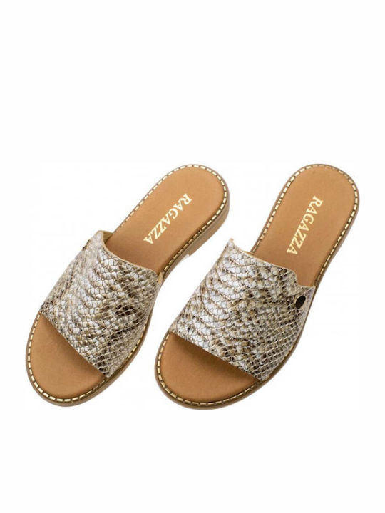 Leather Women's Flat Sandals in Gold Color
