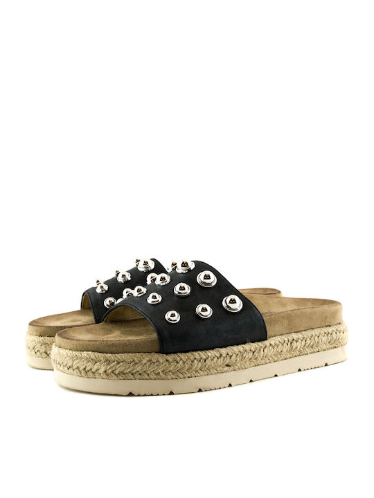 1666B-H61 Δερμάτινα Γυναικεία Σανδάλια Flatforms Μαύρα
