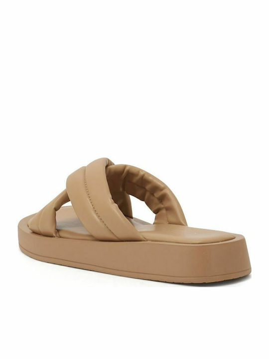 Leather Women's Flat Sandals Flatforms in Beige Color