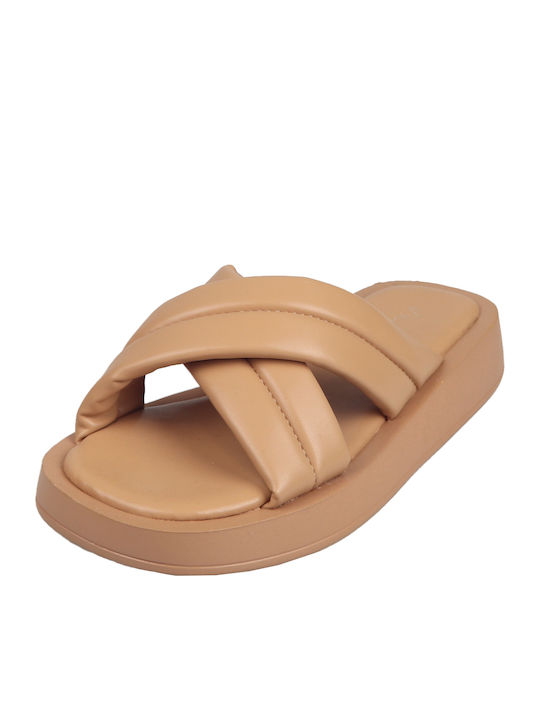 Leather Women's Flat Sandals Flatforms in Beige Color