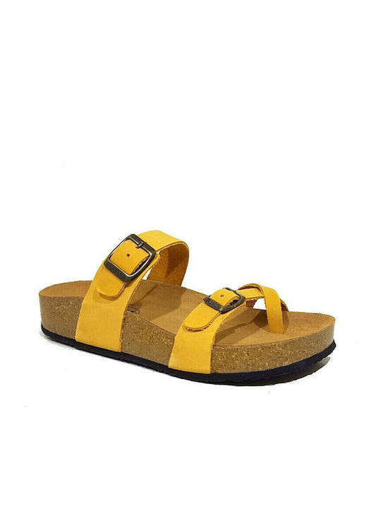 Leather Women's Flat Sandals Anatomic Flatforms in Yellow Color