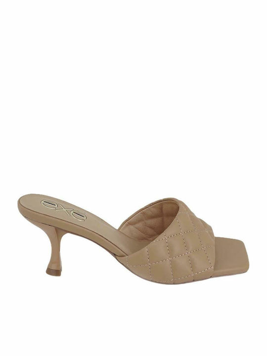 Leather Mules with Thin High Heel in Tabac Brown Color
