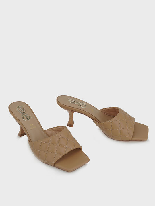 Leather Mules with Thin High Heel in Tabac Brown Color