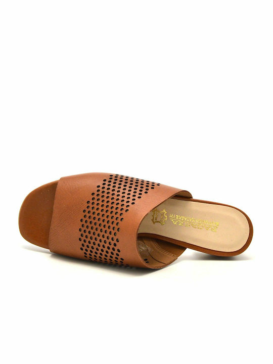 Leather Mules with Chunky Low Heel in Tabac Brown Color