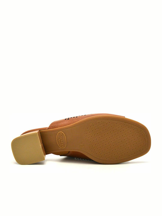 Leather Mules with Chunky Low Heel in Tabac Brown Color