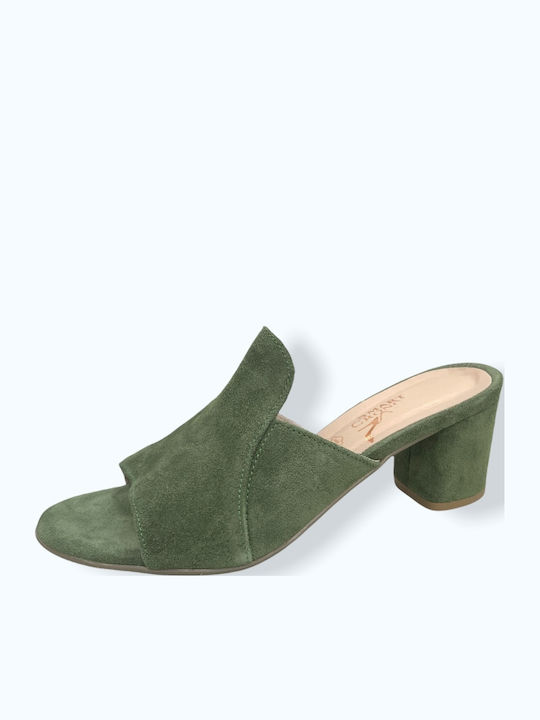Suede Mules με Χοντρό Ψηλό Τακούνι σε Χακί Χρώμα