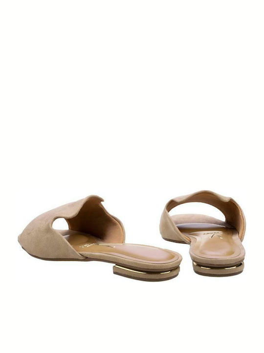 6426-100 Suede Mules with Chunky Low Heel in Beige Color