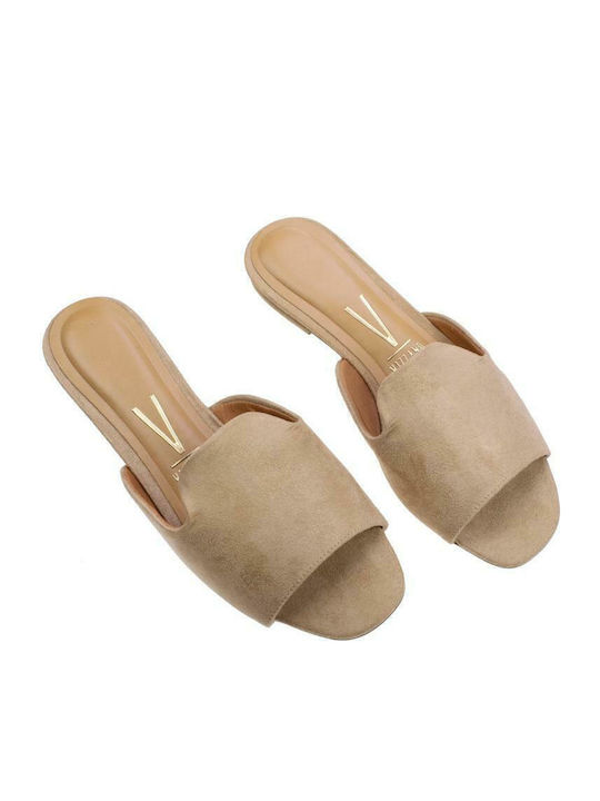 6426-100 Suede Mules with Chunky Low Heel in Beige Color