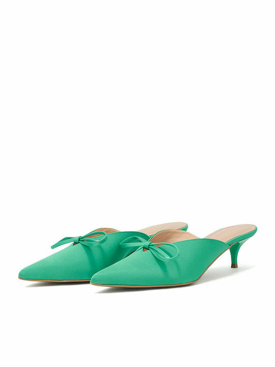 Satin Mules with Thin Low Heel in Green Color