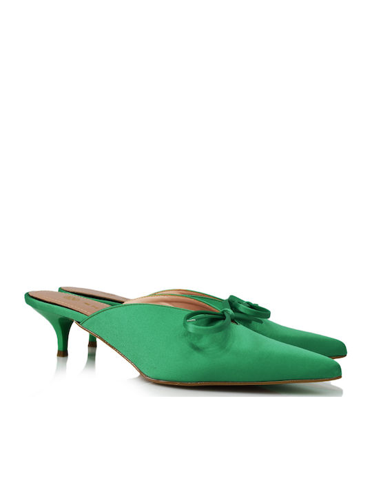 Satin Mules with Thin Low Heel in Green Color