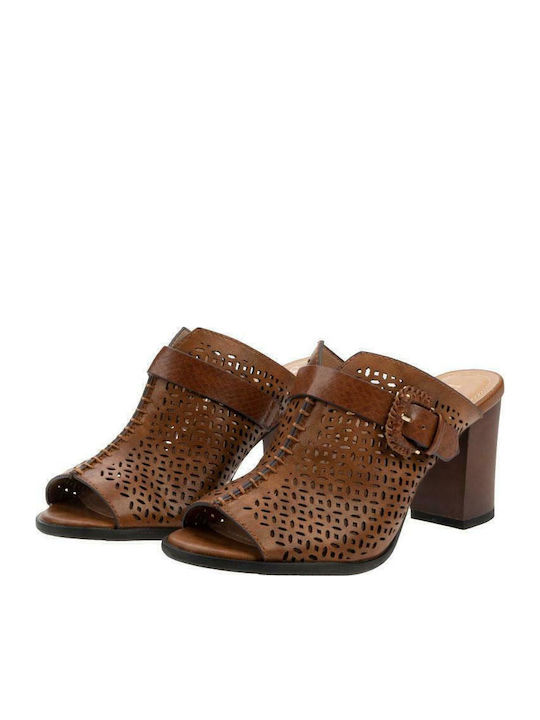 Mules with Chunky High Heel in Brown Color