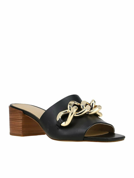 Scarlett Midheel Leather Mules with Chunky Low Heel in Black Color