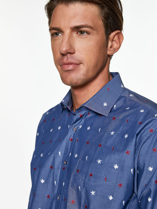 Snta Shirt with Long Sleeve Denim Sea Patterns - Blue