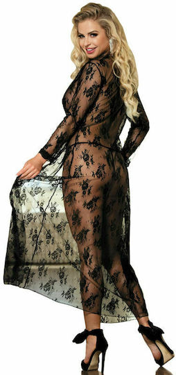 Subblime Peignoir Floral Design με Δαντέλα & Διαφάνεια Μαύρη
