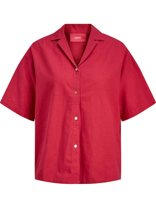 Kurzärmelig Damen Leinen Hemd Fuchsie Monochrom