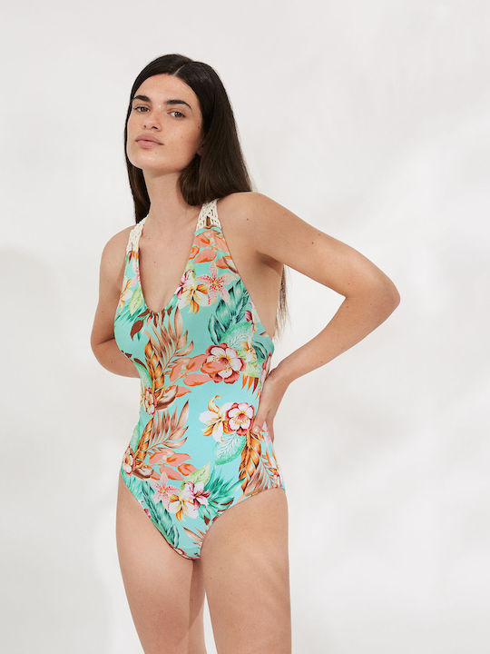 Costum De Baie Întreg Pentru Bust Mare Floral Turcoaz