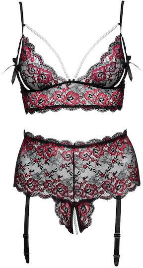 Cottelli Collection Секси комплект сутиен с перли с дантела и жартиери червен