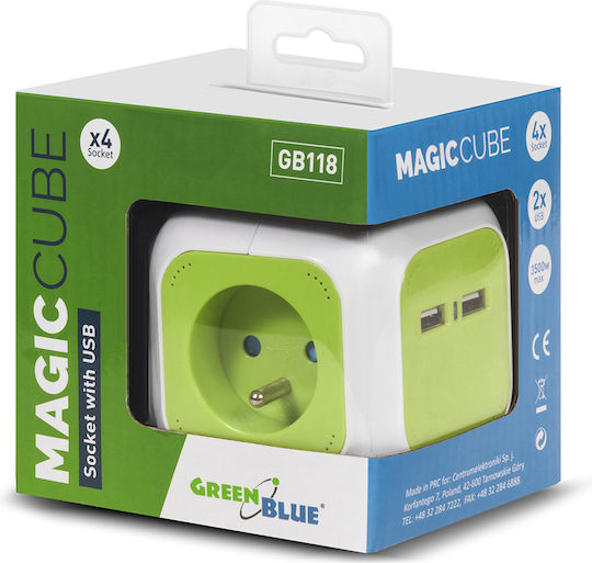 Green Blue PowerCube 4 Θέσεων με 2 USB-A και Καλώδιο 1.4m Πράσινο Γαλλίας (Type E)