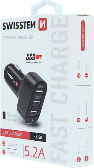 Swissten Auto-Ladegerät 26W 5.2A mit Anschlüssen: 3xUSB Schwarz Farbe