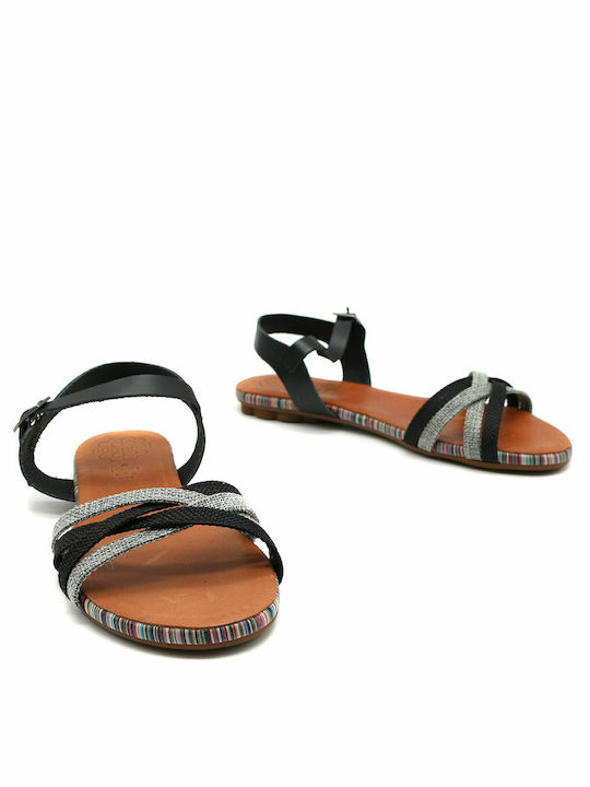 Porronet Leather Women's Flat Sandals with Strap in Black Color