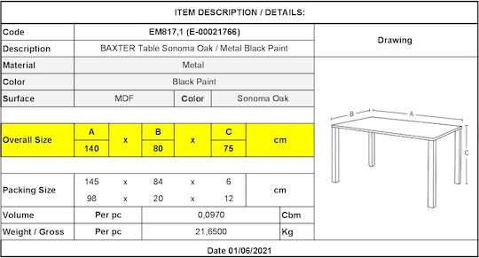 Baxter Table Dining Room Wooden with Metal Frame Black, Sonoma Oak 140x80x75cm