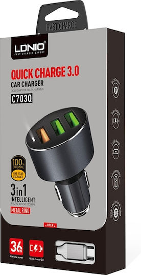 Ldnio Car Charger Gray C703Q Total Intensity 3A Fast Charging with Ports: 3xUSB with Cable Lightning