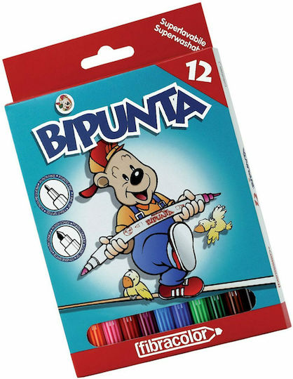 Fibracolor Bipunta Μαρκαδόροι Ζωγραφικής 2mm Λεπτοί, με Διπλή Μύτη, Πλενόμενοι Σετ 12 χρώματα