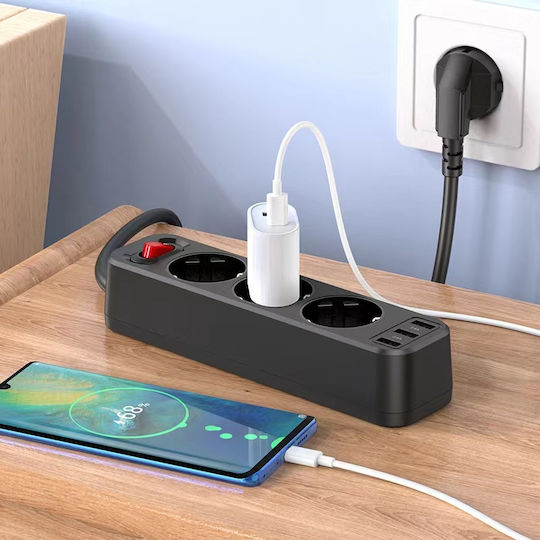 Hoco NS2 Aura Power Strip 3 Positions with 3 USB-A, Switch and Cable 1.8m