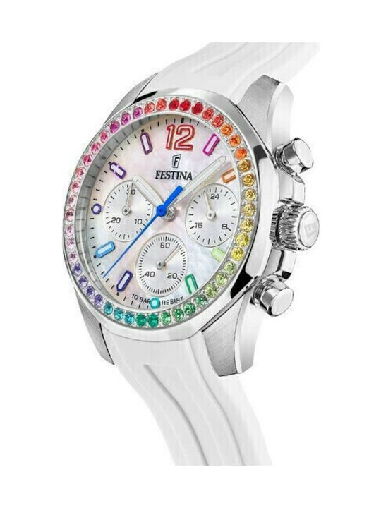 Festina Boyfriend Rainbow Γυναικείο Ρολόι 38mm Χρονογράφος Μπαταρίας με Λευκό Καουτσούκ Λουράκι