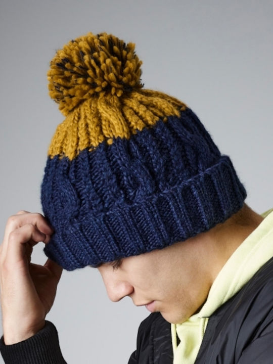 Beechfield Pom Pom Beanie Männer Beanie mit Strickmuster Oxford Navy/Mustard