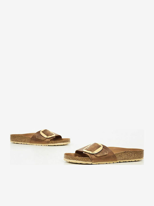 Madrid Big Buckle Oiled Leather Women's Flat Sandals Tabac Brown Narrow Fit
