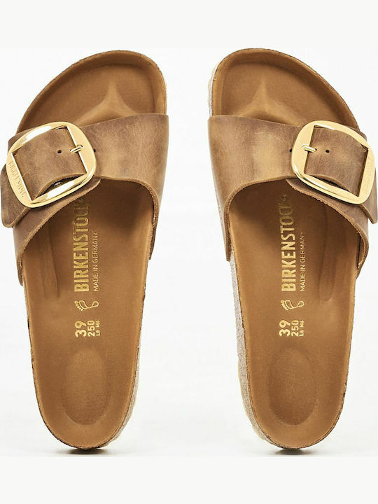 Madrid Big Buckle Oiled Leather Women's Flat Sandals Tabac Brown Narrow Fit