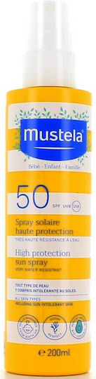 Mustela High Protection Sun SPF50 Αδιάβροχο Βρεφικό Αντηλιακό Spray για Πρόσωπο & Σώμα 200ml