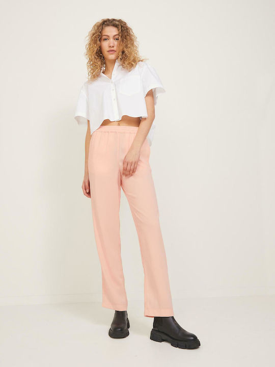 Women's High-waisted Fabric Trousers with Elastic Regular Fit Tropical Peach