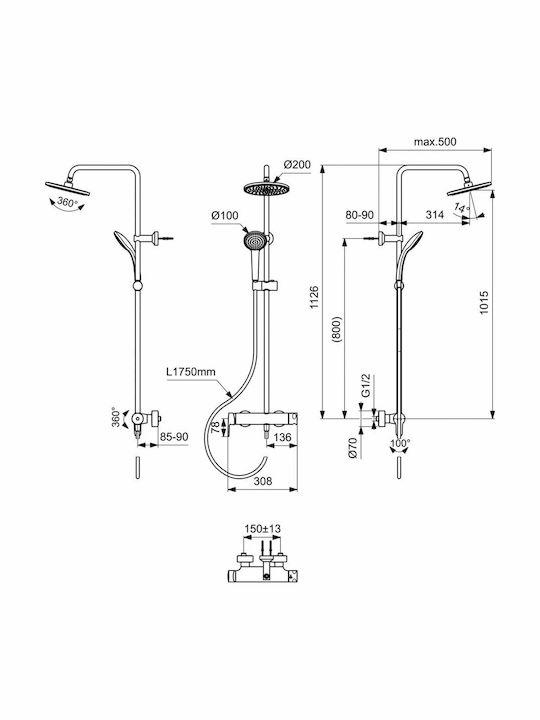Ideal Standard Cerafine O Shower Column with Bathtub Mixer 112.6cm Silver