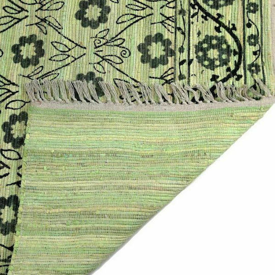 Synchronia Flowers Handmade Rug Rectangular Cotton with Fringes Green Flowers