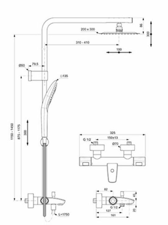 Ideal Standard Ceratherm T100 Adjustable Shower Column with Bathtub Mixer 123-151.6cm Silver