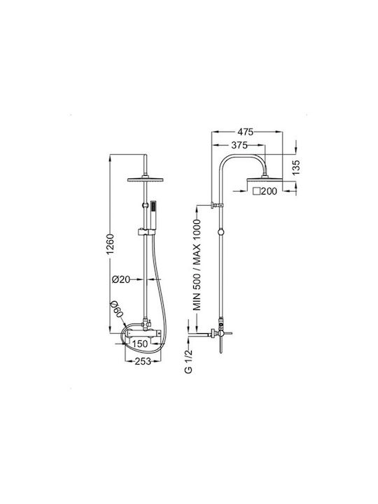 Ottone Meloda Fix Shower Column with Bathtub Mixer 126cm Silver