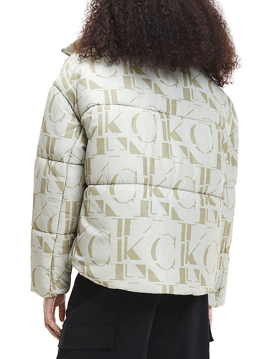 Calvin Klein Κοντό Γυναικείο Puffer Μπουφάν για Χειμώνα Μπεζ