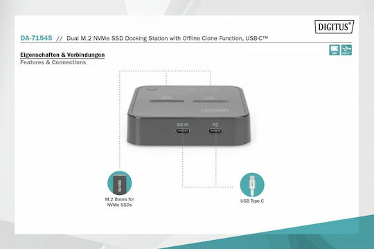 Digitus Docking Station for 2 Hard Drives SATA M.2(2242)" / M.2(2260)" / M.2(2280)" with Connection USB-C (DA-71545)