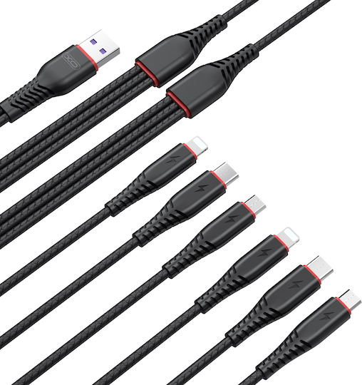 XO NB196 Regular Cablu USB la Lightning / Type-C / micro USB cu mai multe porturi 3.5A Negru 2m (XO-NB196)