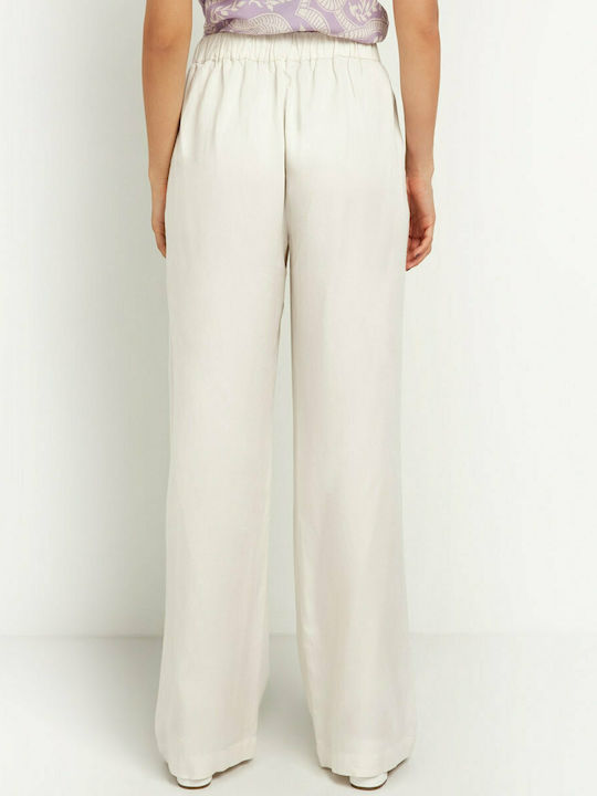 Toi&Moi Women's High Waist Linen Trousers with Elastic in Loose Fit White